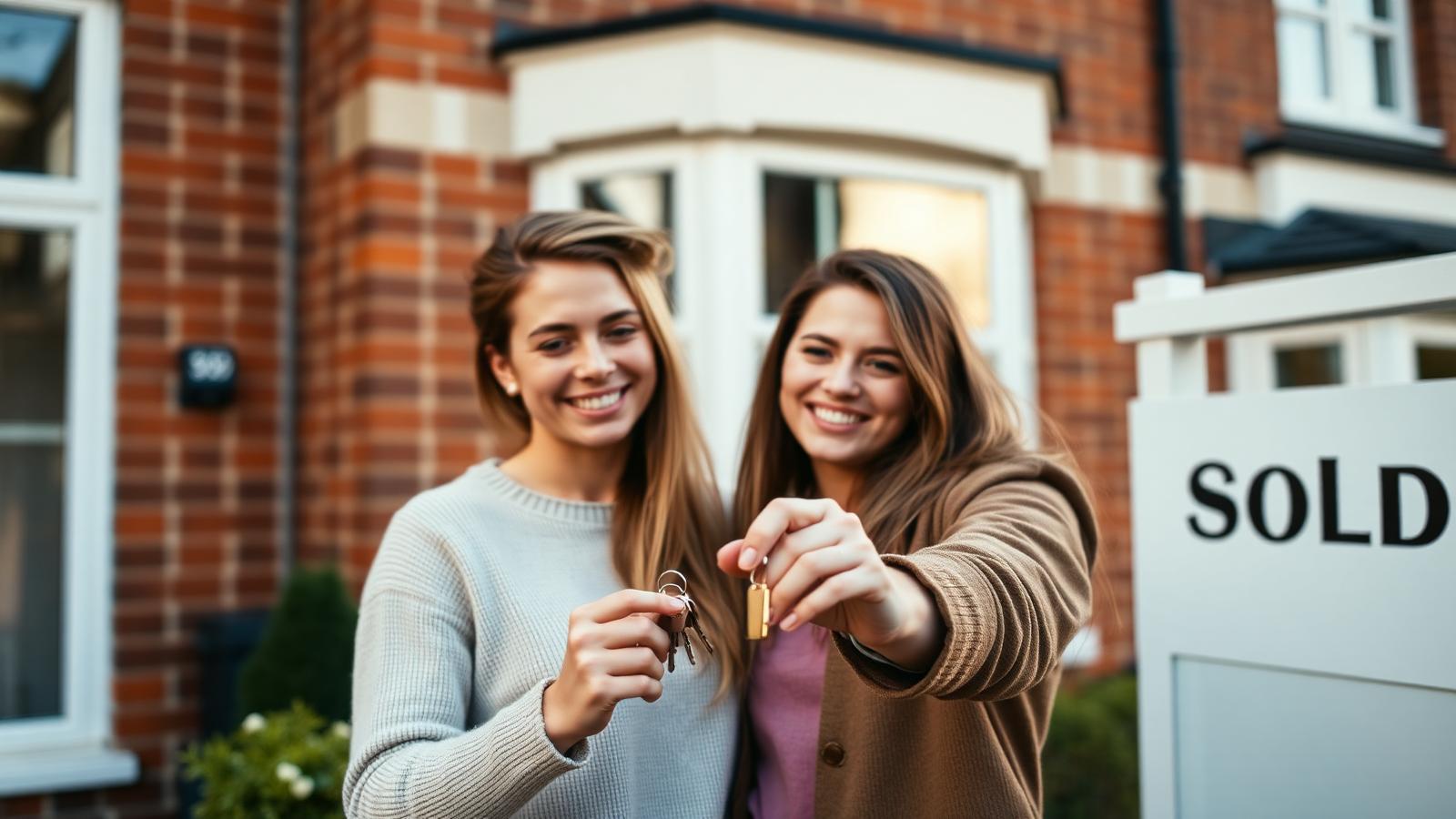 First-time buyers holding keys outside a red-brick UK terraced home.