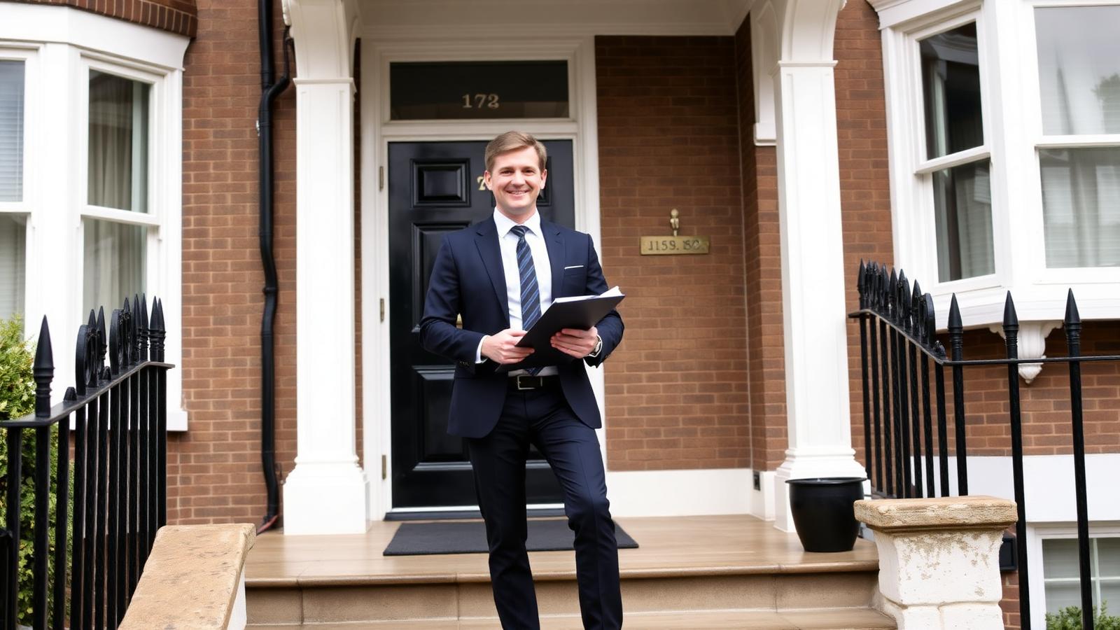 Estate agent standing on the steps of a period British townhouse.
