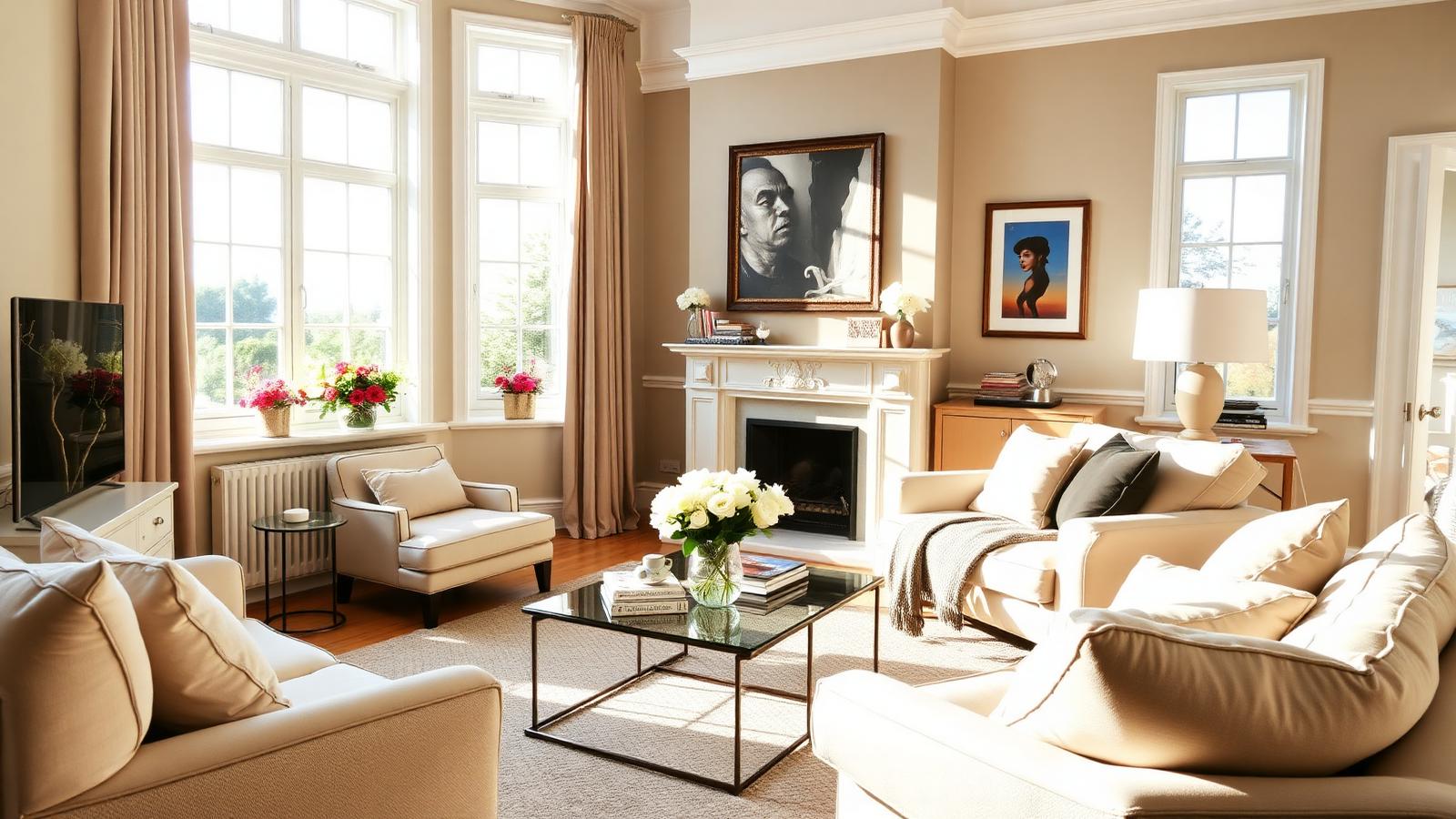 Bright, professionally styled living room in a UK home prepared for sale.