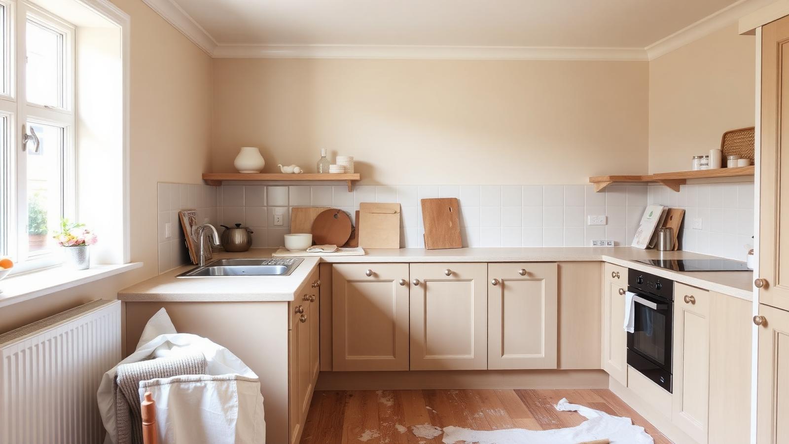 Freshly repainted UK kitchen mid-renovation with warm neutral tones.
