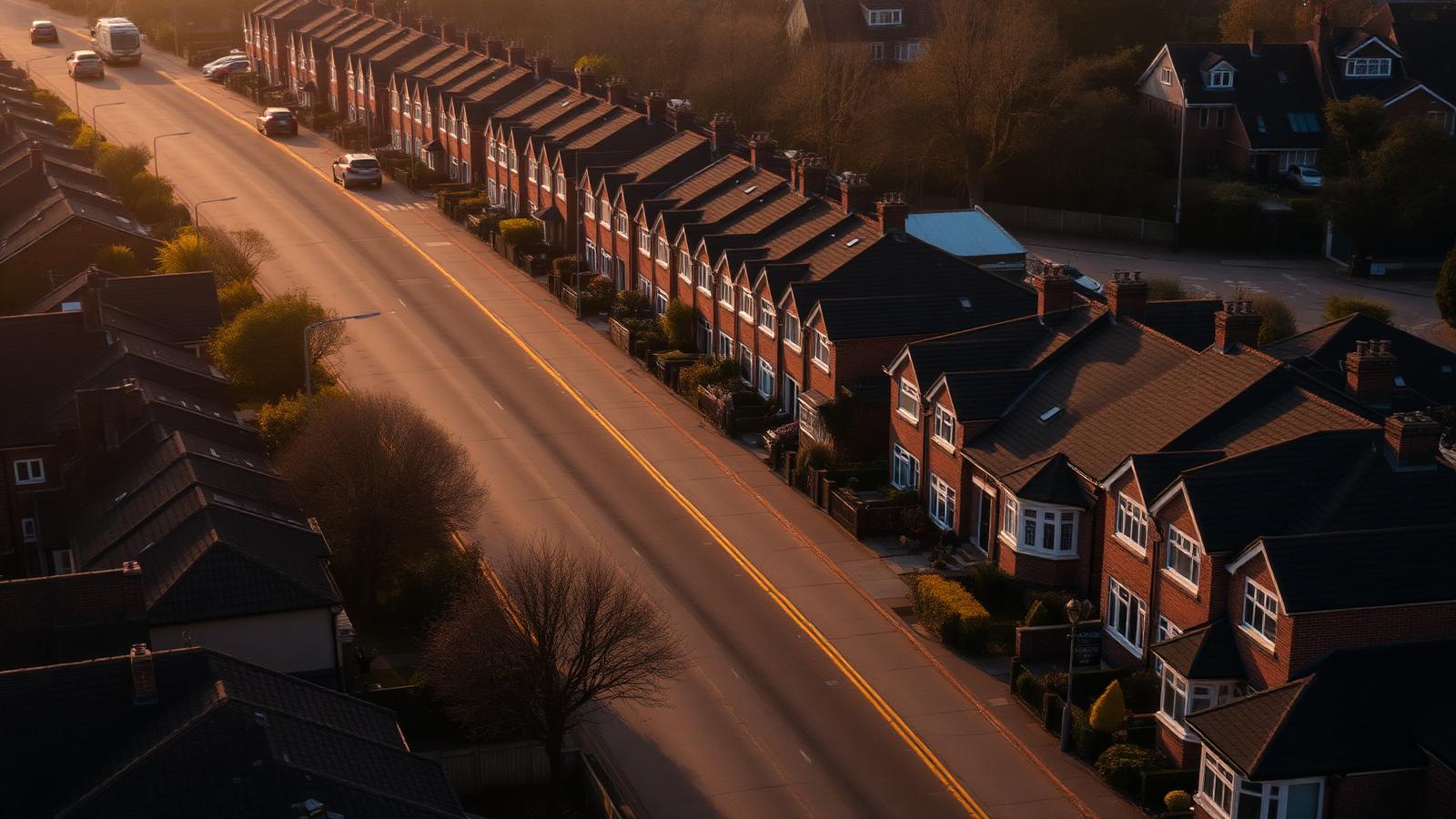 Aerial view of a UK suburban street at golden hour.
