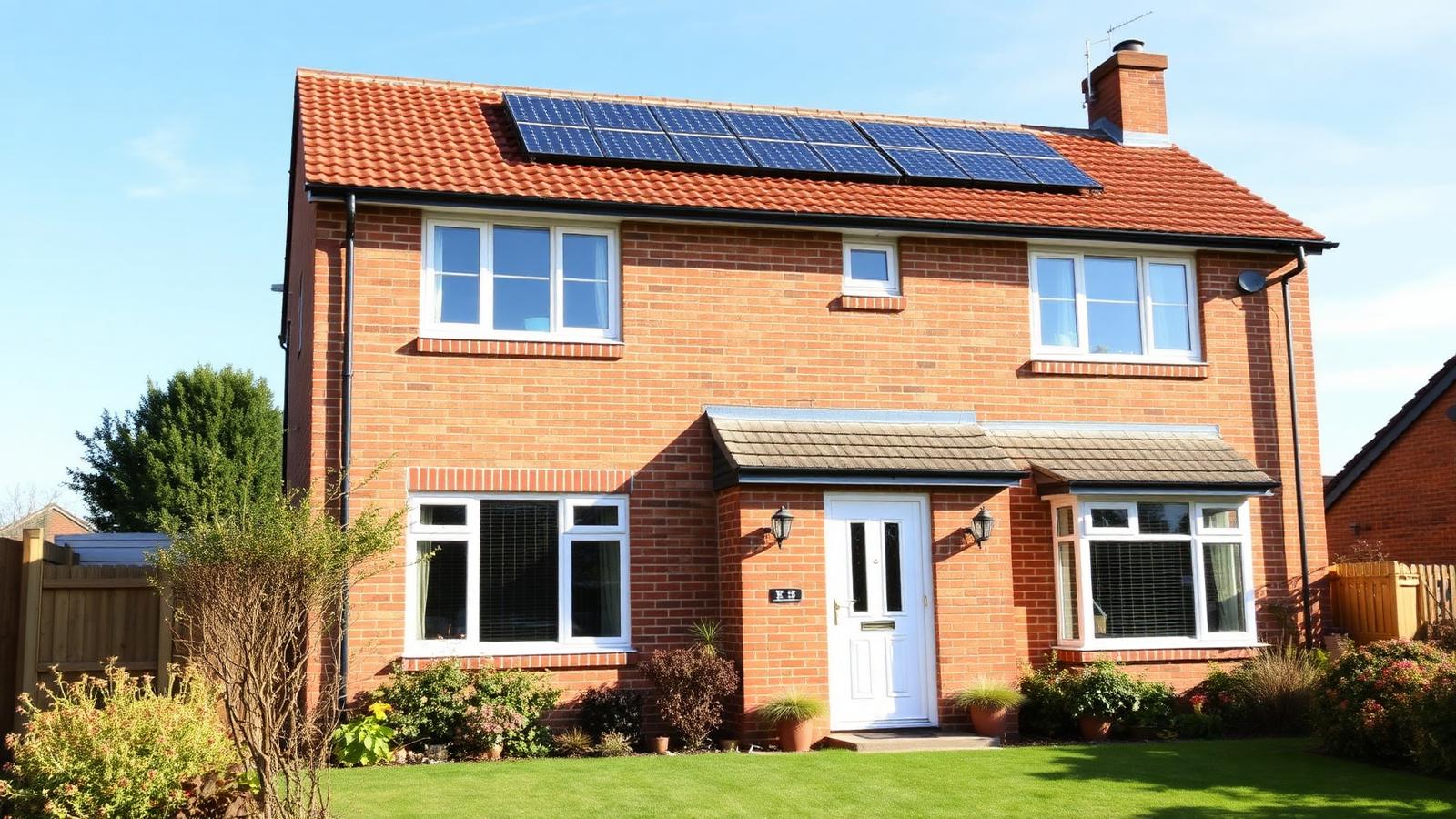 Modern British semi-detached home with rooftop solar panels.